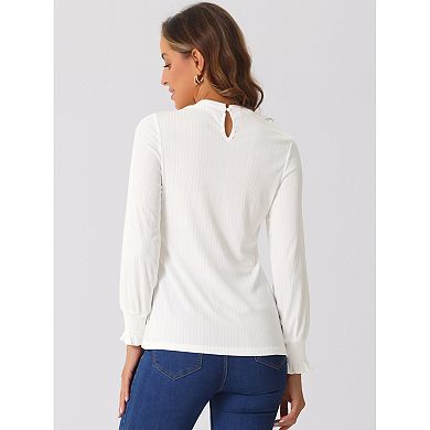 Women's Mock Neck Ribbed Knit Smocked Ruffle Cuff Lantern Long Sleeve Top