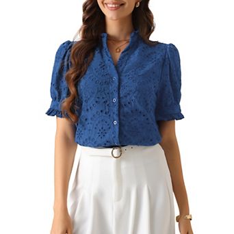 Summer Tops for Women's Dressy Short Sleeve V Neck Buttons Hollow Out Embroidered Blouses Shirts