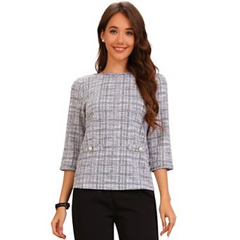 Women's Tweed Plaid Top 3/4 Sleeve Pearl Button Decor Casual Blouse