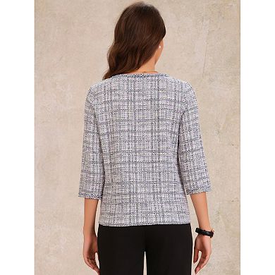 Women's Tweed Plaid Top 3/4 Sleeve Pearl Button Decor Casual Blouse