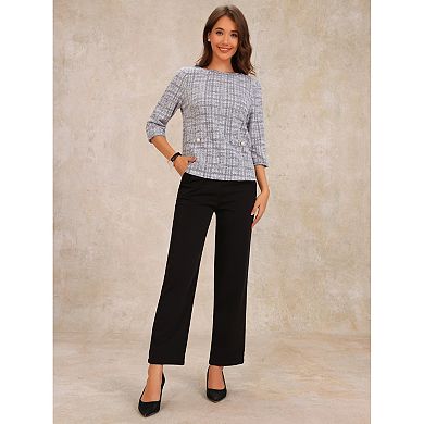 Women's Tweed Plaid Top 3/4 Sleeve Pearl Button Decor Casual Blouse