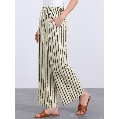 Women's Casual Drawstring Stripe Pants Wide Leg High Waist Cotton Loose Pants