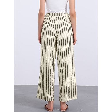 Women's Casual Drawstring Stripe Pants Wide Leg High Waist Cotton Loose Pants