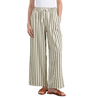 Women's Casual Drawstring Stripe Pants Wide Leg High Waist Cotton Loose Pants