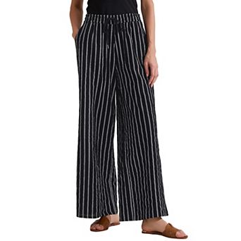 Women's Casual Drawstring Stripe Pants Wide Leg High Waist Cotton Loose Pants