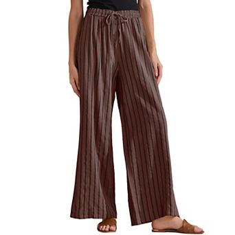 Women's Casual Drawstring Stripe Pants Wide Leg High Waist Cotton Loose Pants