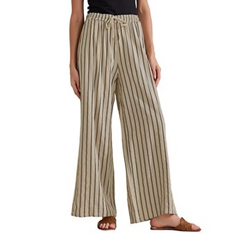 Women's Casual Drawstring Stripe Pants Wide Leg High Waist Cotton Loose Pants