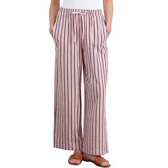 Women's Casual Drawstring Stripe Pants Wide Leg High Waist Cotton Loose Pants