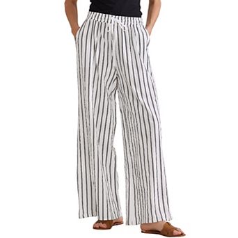 Women's Casual Drawstring Stripe Pants Wide Leg High Waist Cotton Loose Pants