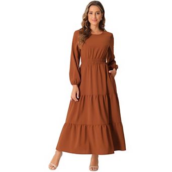 Women's Fall Long Sleeve Dress Crewneck Casual Tiered Midi Dress with Pockets