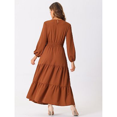 Women's Fall Long Sleeve Dress Crewneck Casual Tiered Midi Dress with Pockets