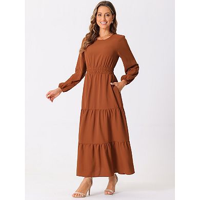 Women's Fall Long Sleeve Dress Crewneck Casual Tiered Midi Dress with Pockets