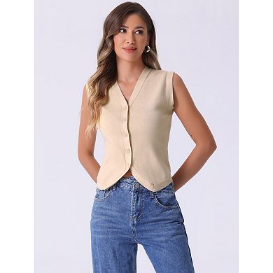 Vest Tops for Women Sleeveless Sweater V Neck Cropped Button Up Business Casual Knit Tank Tops