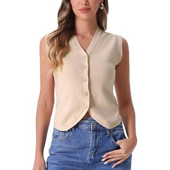 Vest Tops for Women Sleeveless Sweater V Neck Cropped Button Up Business Casual Knit Tank Tops