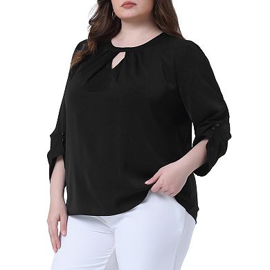 Plus Size Women's Business Work Pleated Blouses Crewneck Keyhole 3/4 Sleeve Tops Office Shirts