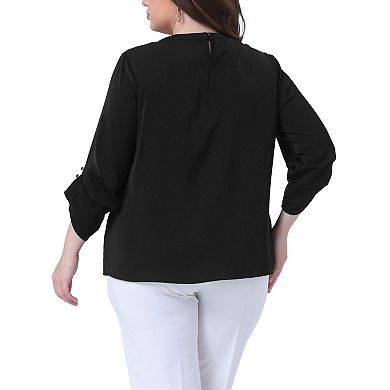 Plus Size Women's Business Work Pleated Blouses Crewneck Keyhole 3/4 Sleeve Tops Office Shirts