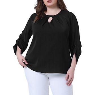 Plus Size Women's Business Work Pleated Blouses Crewneck Keyhole 3/4 Sleeve Tops Office Shirts