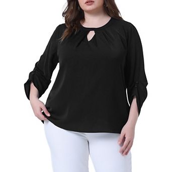 Plus Size Women's Business Work Pleated Blouses Crewneck Keyhole 3/4 Sleeve Tops Office Shirts