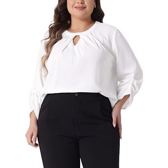 Plus Size Women's Business Work Pleated Blouses Crewneck Keyhole 3/4 Sleeve Tops Office Shirts
