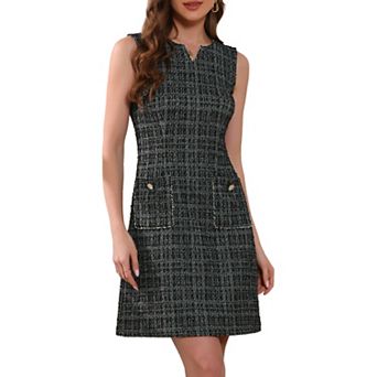 Tweed Dress for Women's Elegant Plaid Sleeveless Pockets Zipper Business Casual Work Dresses