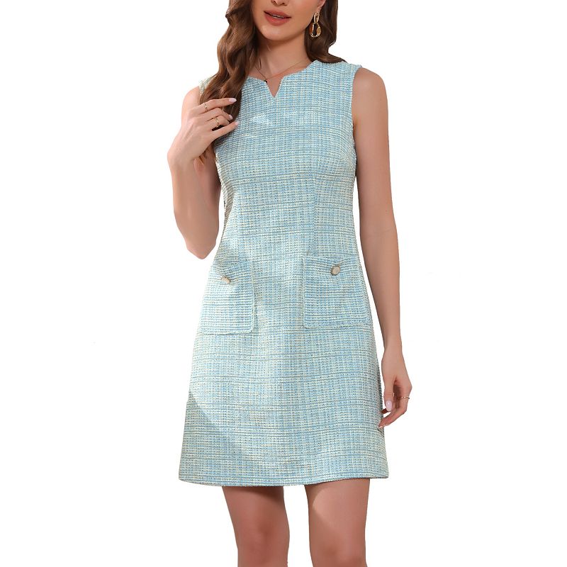 Tweed Dress for Women's Elegant Plaid Sleeveless Pockets Zipper