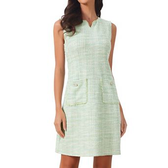 Tweed Dress for Women's Elegant Plaid Sleeveless Pockets Zipper Business Casual Work Dresses