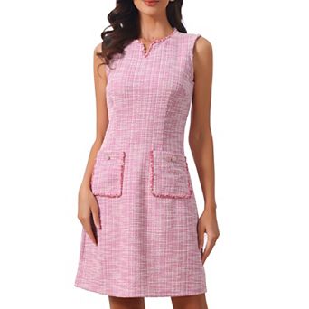 Tweed Dress for Women's Elegant Plaid Sleeveless Pockets Zipper Business Casual Work Dresses