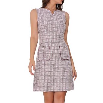 Tweed Dress for Women's Elegant Plaid Sleeveless Pockets Zipper Business Casual Work Dresses