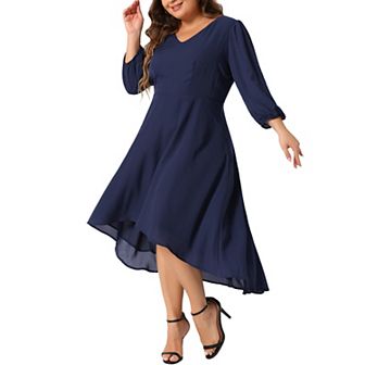 Plus Size Dresses for Women Chiffon V Neck 3/4 Sleeves A-Line Midi Wedding Guest Dress