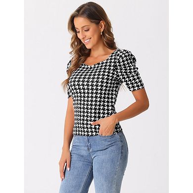Houndstooth Work Blouse for Women's Puffy Short Sleeve Square Neck Casual Blouses Top