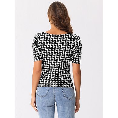 Houndstooth Work Blouse for Women's Puffy Short Sleeve Square Neck Casual Blouses Top
