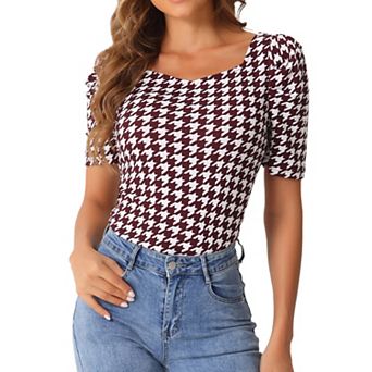 Houndstooth Work Blouse for Women's Puffy Short Sleeve Square Neck Casual Blouses Top