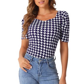 Houndstooth Work Blouse for Women's Puffy Short Sleeve Square Neck Casual Blouses Top
