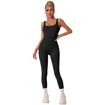 Women's U Neck One Piece Jumpsuit Workout Bodysuit Sleeveless Tummy Control Ribbed Shapewear