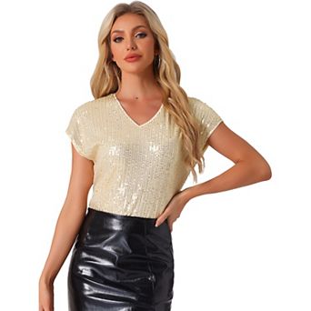 Sequin Tops for Women's Short Sleeve V Neck Party Sparkly Metallic Top
