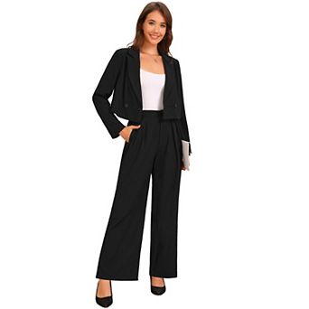 Women's 2 pc Set Business Casual Outfit Notched Lapel Crop Jacket Wide Leg Pant Work Suits