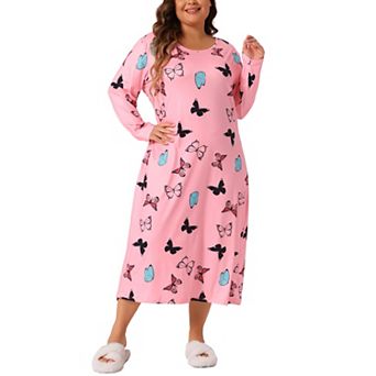 Plus Size Pajamas for Women Crew Neck Long Sleeve Casual Print Sleep Dress Nightgown Sleepwear