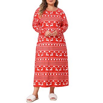 Plus Size Pajamas for Women Crew Neck Long Sleeve Casual Print Sleep Dress Nightgown Sleepwear