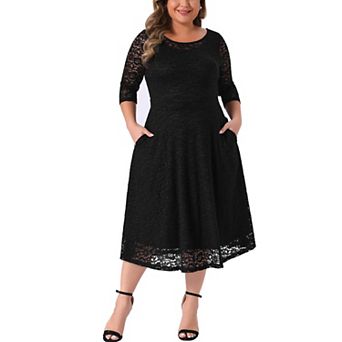 Plus Size Dress for Women Floral Lace Scooped Neckline 3/4 Sleeves with Pocket Knit Party Dresses