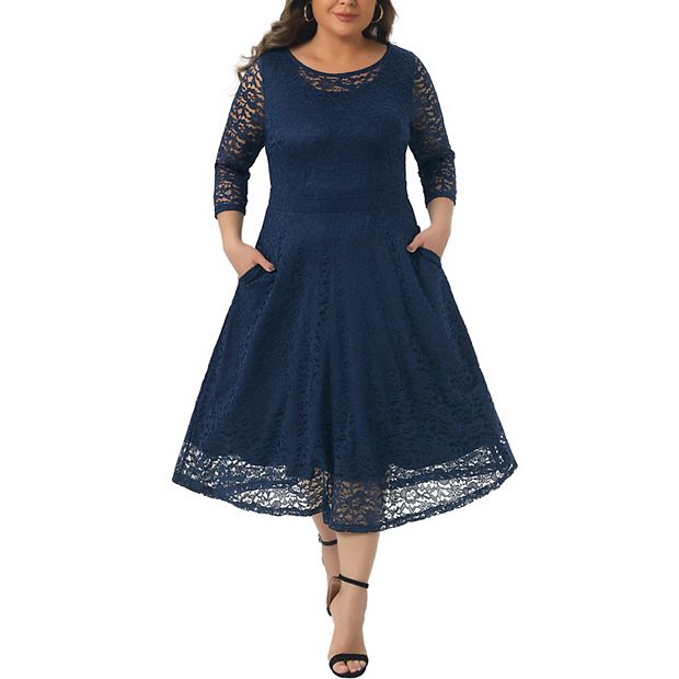 Plus Size Wedding Dress for Women Floral Lace 3/4 Sleeves with Pocket Knit Party  Dresses