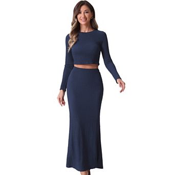 Women's 2 pc Knit Sets Long Sleeve Crop Top High Waist Mermaid Maxi Skirt Fashion Sets