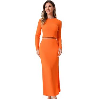 Women's 2 pc Knit Sets Long Sleeve Crop Top High Waist Mermaid Maxi Skirt Fashion Sets