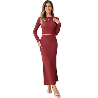 Women's 2 pc Knit Sets Long Sleeve Crop Top High Waist Mermaid Maxi Skirt Fashion Sets