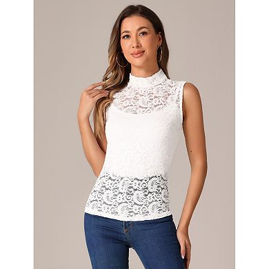 Floral Lace Tank for Women's Mock Neck Sleeveless See Through Tank Tops