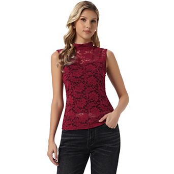 Floral Lace Tank for Women's Mock Neck Sleeveless See Through Tank Tops