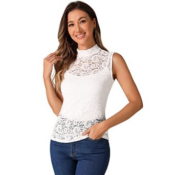 Floral Lace Tank for Women's Mock Neck Sleeveless See Through Tank Tops