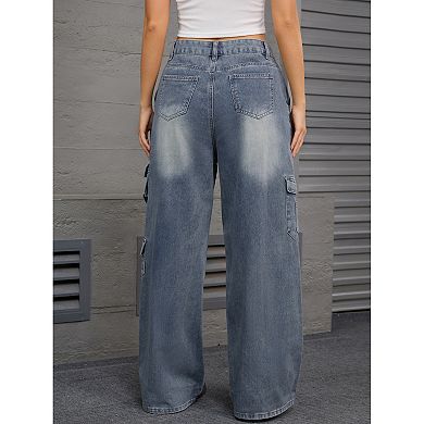 Women's Baggy Jeans Distressed High Waisted Multi-Pocket Full Length Wide Leg Cargo Denim Pants