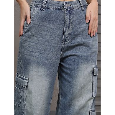 Women's Baggy Jeans Distressed High Waisted Multi-Pocket Full Length Wide Leg Cargo Denim Pants