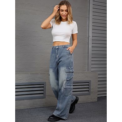 Women's Baggy Jeans Distressed High Waisted Multi-Pocket Full Length Wide Leg Cargo Denim Pants
