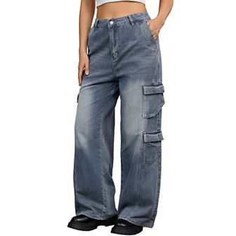 Women's Baggy Jeans Distressed High Waisted Multi-Pocket Full Length Wide Leg Cargo Denim Pants